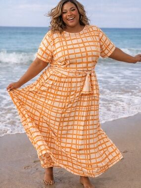 T.J.Maxx Orange and Cream Plaid Maxi Skirt Set
